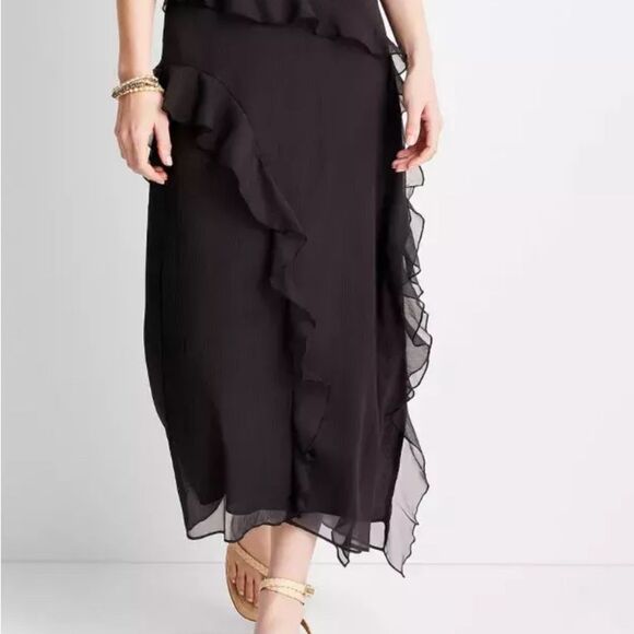 Future Collective Asymmetrical Black Ruffle Maxi Skirt Size 12 - Picture 1 of 12